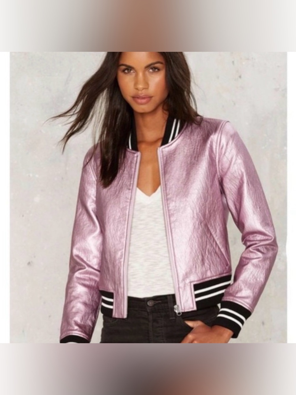 Nasty Gal Jacket Bomber Pink Shimmer Steel Your Heart Barbiecore Leather Size XS